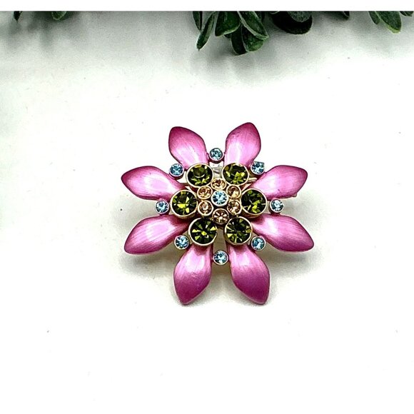Flower Brooch Pink with Green Rhinestone With Textured Gold-Tone Back - Picture 3 of 5